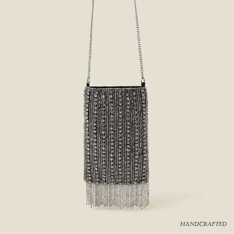 Silver Handmade Diamante Bead Fringe Phone Bag