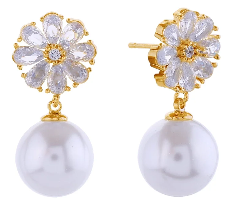 SJE310926 14K Flower Crystal Top Pearl Post Earrings