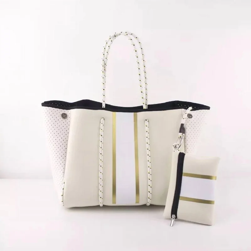 Stripe Canvas Neoprene Tote In Ivory