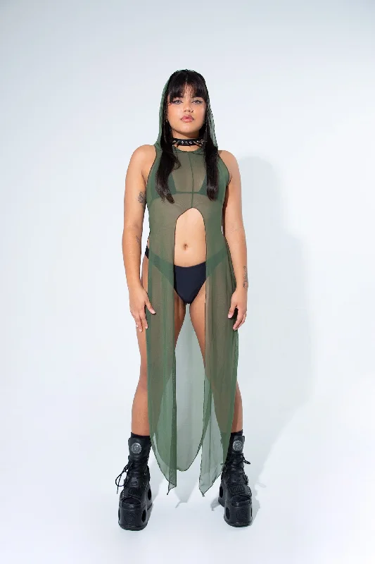 La Cosa Hooded Mesh Dress in Olive Green