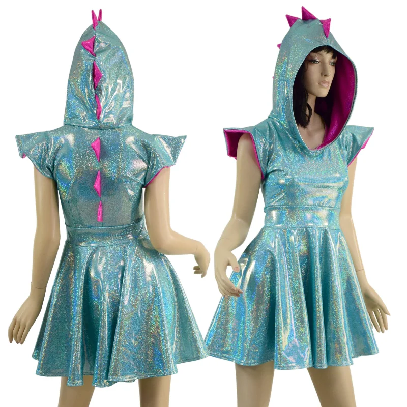 Seafoam and Pink Dragon Hooded Skater Dress with Flip Sleeves