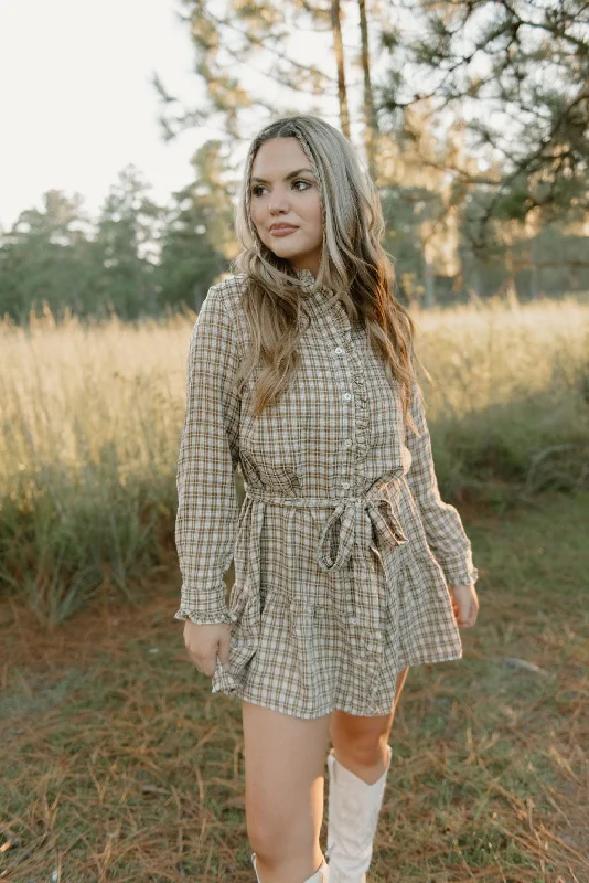 Taupe Plaid Belted Ruffle Dress