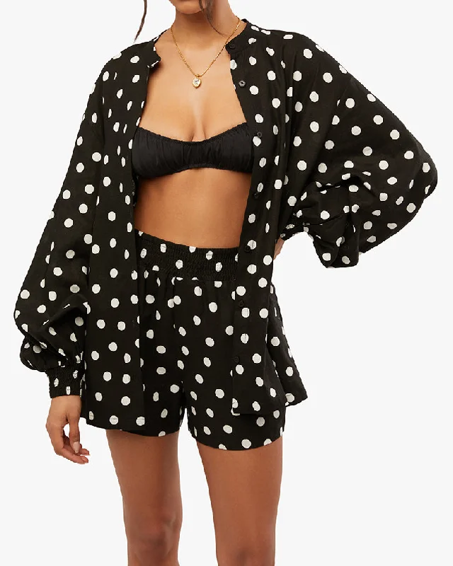 Billow Sleeve Oversized Polka Dot Button Up | Black