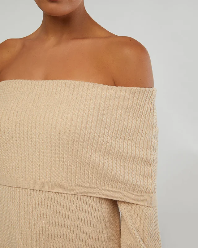 Off Shoulder Sweater Dress | Beige