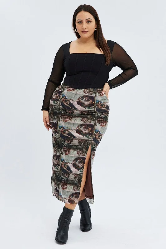 Brown Abstract Midi Skirt Mesh