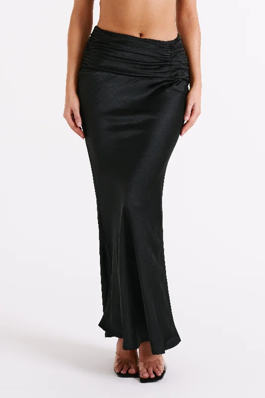 Khalani Ruched Satin Maxi Skirt - Black