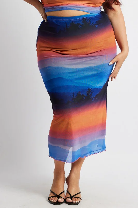 Multi Abstract Mesh Bodycon Landscape Skirt