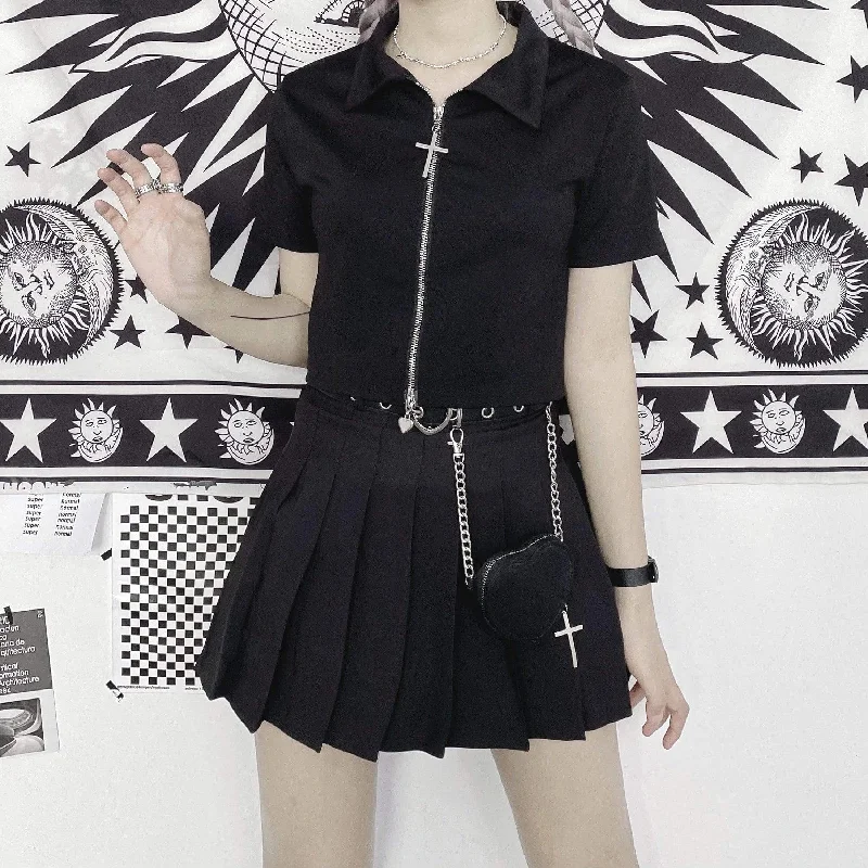 Women's JK High-waisted Pleated Short Skirt with Waistbag